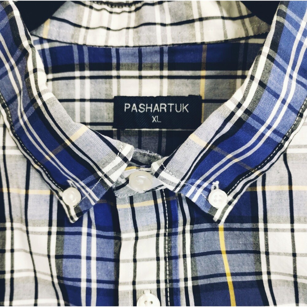 Navy Gold Plaid Cotton Button Down Shirt Men's XL Long Sleeve Prep Country Club